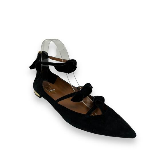 AQUAZZURA Black Suede Strappy St Tropez Bow Point Toe Flats Size 38 US 8 - Picture 2 of 8